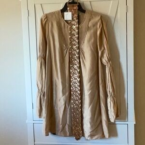 Anthro silk rose gold tunic, babydoll dress M. NWT metallic woven leather belt